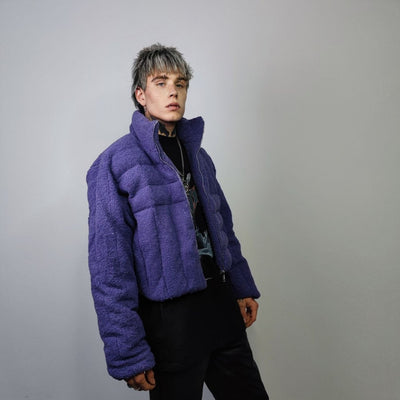 Cropped fleece jacket Asymmetric fluffy bomber box fit geometric coat raised neck aviator jacket quilted pattern short track jacket purple