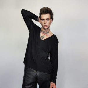 Deep V-neck top revealing blouse solid sweatshirt cut out neck long sleeve t-shirt rocker jumper edgy baggy tee in black