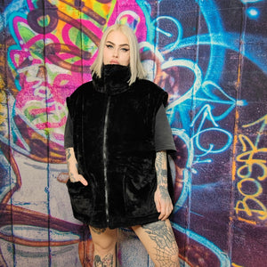 Devil horn bomber handmade detachable faux fur puffer reversible grunge fleece jacket two sided Gothic coat in black