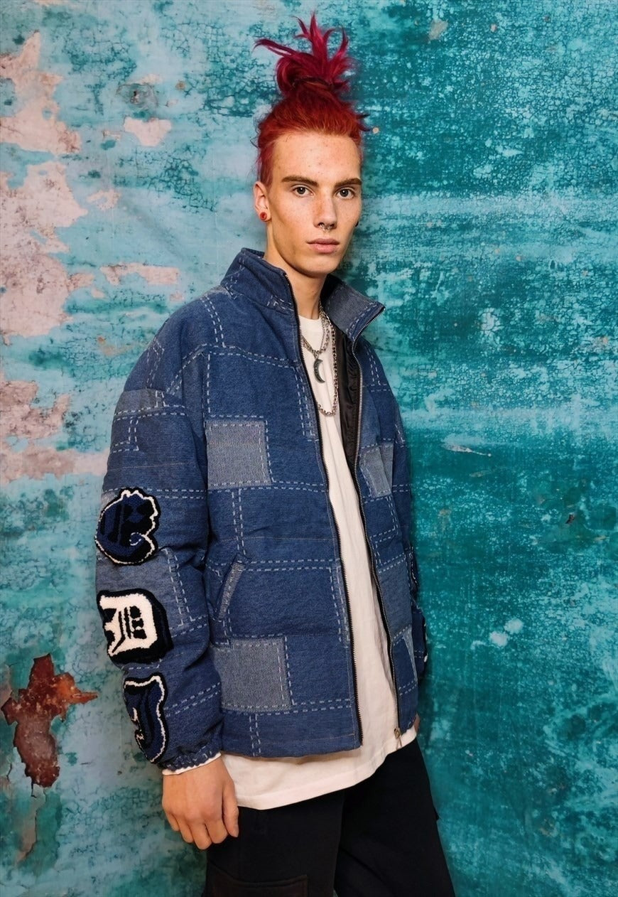 Reworked denim patch bomber jean puffer jacket in blue check