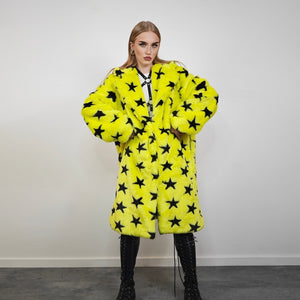 Star print fur coat yellow long heavy trench fluorescent psychedelic overcoat rave bomber festival geometric jacket custom going out peacoat