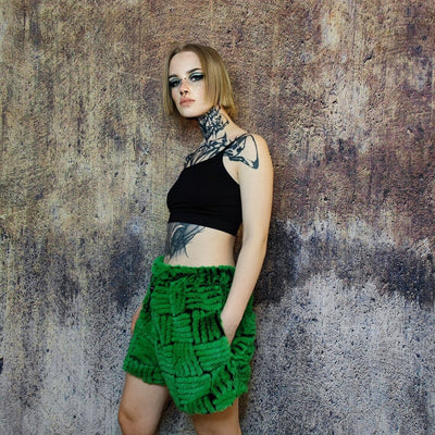 Faux fur joggers luxury detachable party pants handmade stripe pattern shorts fluffy check premium festival overalls in green black