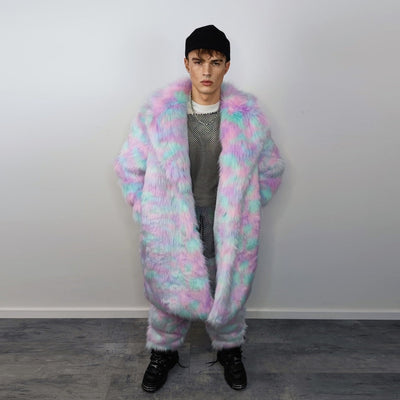 Candy faux fur long coat unicorn trench neon raver bomber fluffy tie-dye fleece psychedelic festival jacket burning man going out coat pink