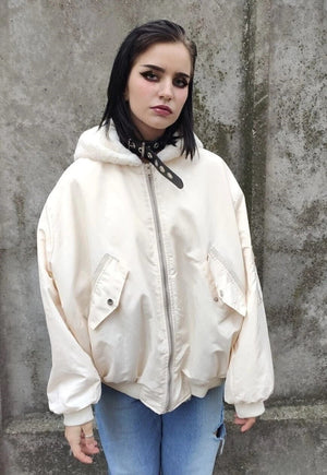 Reversible fleece MA-1 jacket faux fur hood bomber cream