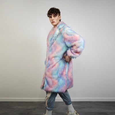 Tie-dye coat faux fur pastel pink shaggy trench abstract pattern overcoat watercolor bomber detachable festival jacket rainbow peacoat blue