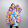 Hooded marshmallow faux fur jacket unicorn coat raver bomber fluffy tie-dye fleece rainbow festival bomber burning man going out trench pink