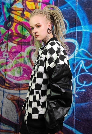 Drop shoulder varsity jacket faux leather check jacket black