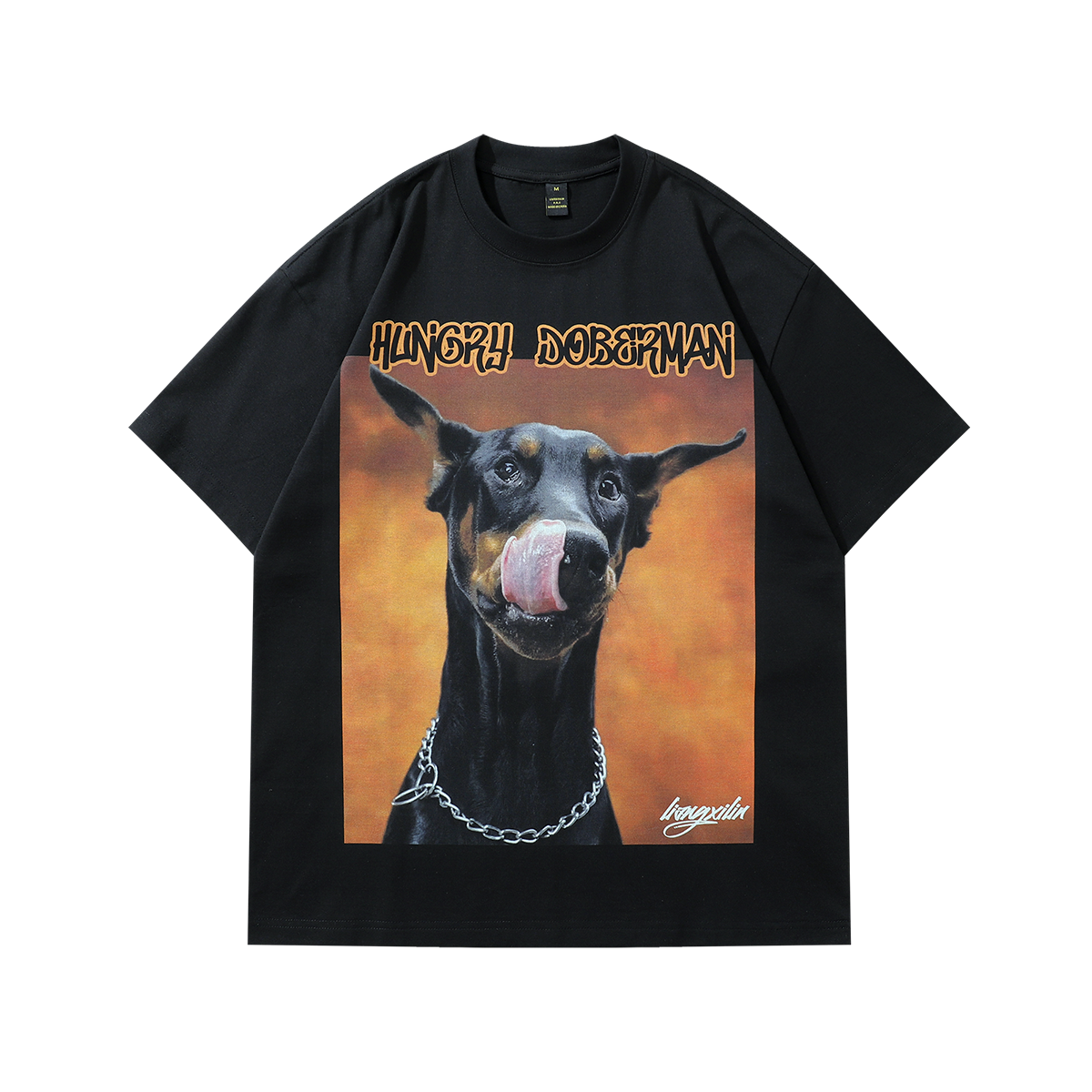 Hungry Doberman t-shirt pinscher print tee retro dog top in grey