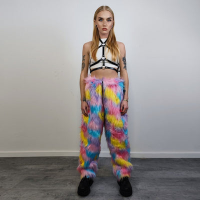 Marshmallow faux fur joggers raver pants fluffy rainbow trousers ski fleece tie-dye unicorn overalls festival bottoms burning man pants pink