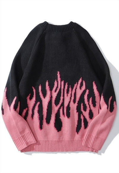 Oversize flame sweater grunge knitted fire jumper in pink