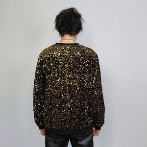 Golden sequin sweatshirt glitter top sparkle jumper party pullover glam rock long sleeve top embellished sweater in yellow gold