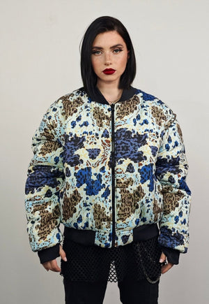 Leopard varsity jacket blue animal print reversible bomber