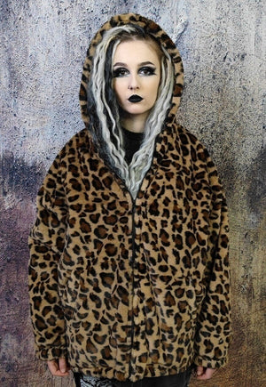 Leopard fleece jacket in brown animal print hooded bomber