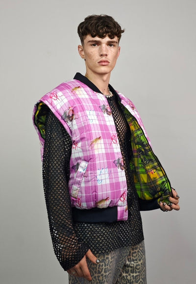 Punk check varsity jacket green check reversible rave bomber