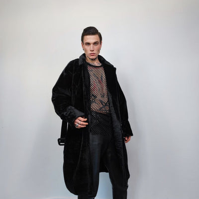 Gothic faux fur coat belted utility trench 80s inspired fluffy jacket gorpcore shaggy bomber long fleece grunge punk mac in black