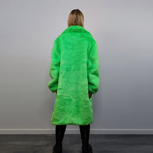 Neon faux fur longline coat shaggy trench bright raver bomber fluffy winter fleece festival jacket burning man coat in green