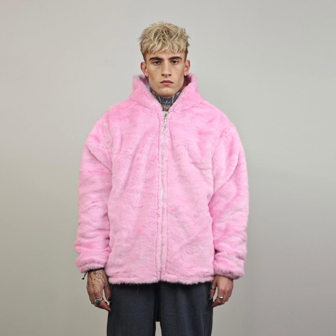 Pink faux fur joggers ski pants fleece trousers retro rave overalls fluffy bottoms festival set burning man outfit winter hotpants