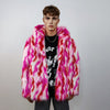 Hooded faux fur striped jacket zebra bomber neon raver coat fluffy tie-dye fleece festival puffer burning man going out overcoat red pink