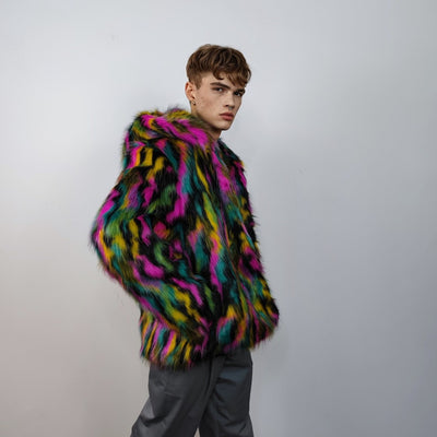 Hooded faux fur striped neon jacket zebra bomber raver puffer fluffy tie-dye fleece festival trench burning man going out overcoat in black