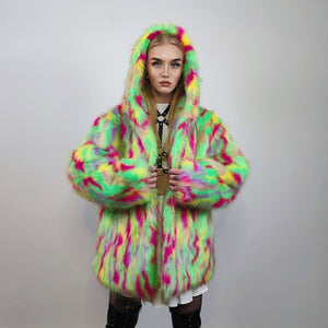 Hooded faux fur jacket psychedelic coat shaggy trench bright raver bomber fluffy fleece festival jacket neon burning man overcoat green pink