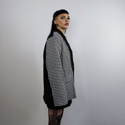 Check print blazer houndstooth jacket reworked catwalk coat high fashion plaid bomber contrast stitching gingham blazer in black and white