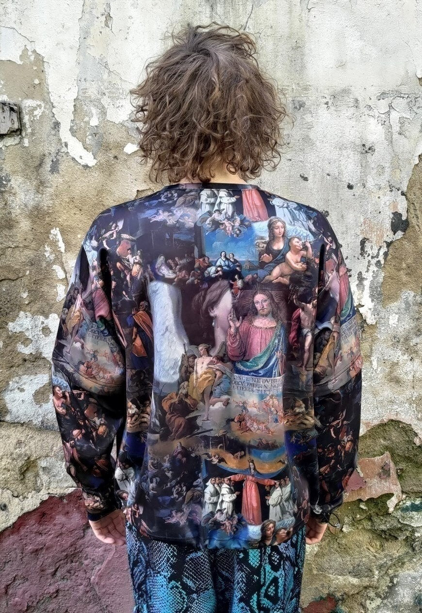 Baroque print tee handmade religion t-shirt rave top in blue