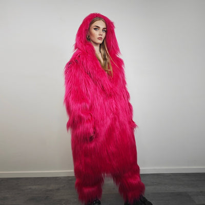 Neon pink coat longline faux fur fluorescent shaggy trench long hair overcoat bright rave bomber festival jacket acid Burning man peacoat