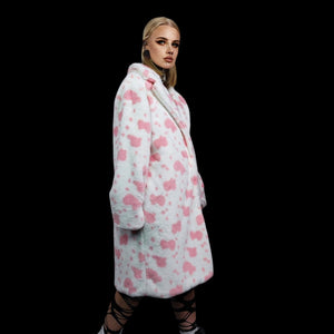 Cow print long coat hooded spot trench fluffy rave bomber detachable fleece festival removable sleeves burning man jacket pastel pink