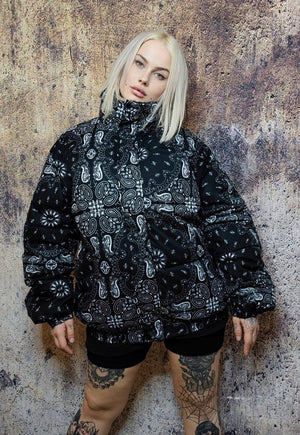 Paisley bomber jacket bandanna puffer cashew coat in black