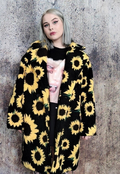 Daisy fleece jacket sunflower floral trench retro coat black