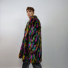 Faux fur long striped neon coat zebra trench raver bomber fluffy tie-dye winter fleece festival jacket burning man going out coat black pink