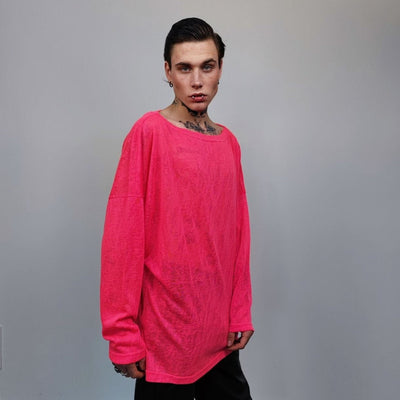 Deep V-neck sheer top revealing transparent sweatshirt cut out neck long sleeve see-through t-shirt rocker jumper edgy baggy tee in pink