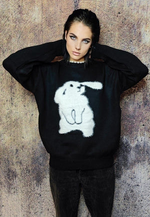 Retro patch sweater sheep jumper fluffy bunny top in black