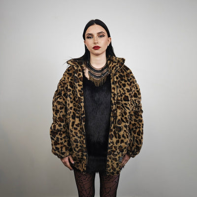 Animal print fleece jacket brown leopard coat zip up cheetah bomber wild cat overcoat fluffy jaguar festival jacket bobcat jumper