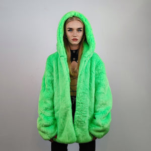 Hooded neon faux fur jacket shaggy coat bright raver bomber fluffy trench winter fleece festival jacket burning man overcoat in green