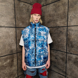 Paisley bomber handmade detachable bandanna puffer tie-dye jacket cashew print coat two sided jacket in blue