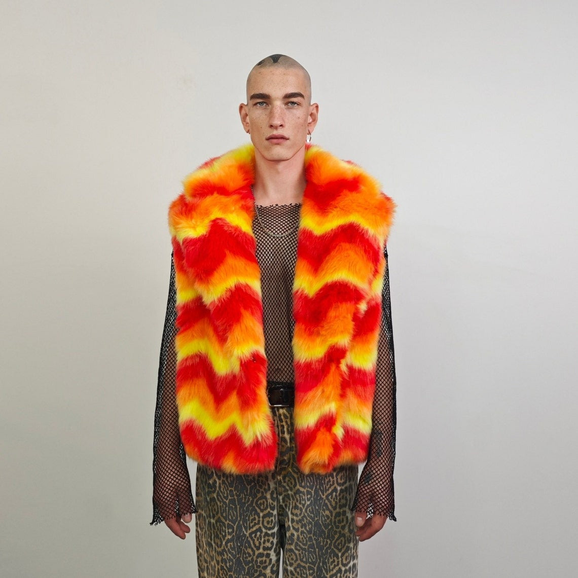 Faux fur skirt orange psychedelic midi fluffy fleece dress geometric flame bottoms carnival skirt elasticated waist burning man rave skirt