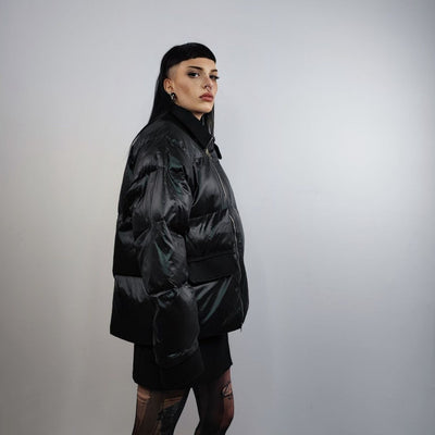 Asymmetric bomber jacket collared puffer quilted high fashion Gothic coat unusual grunge padded aviator jacket in solid shiny black