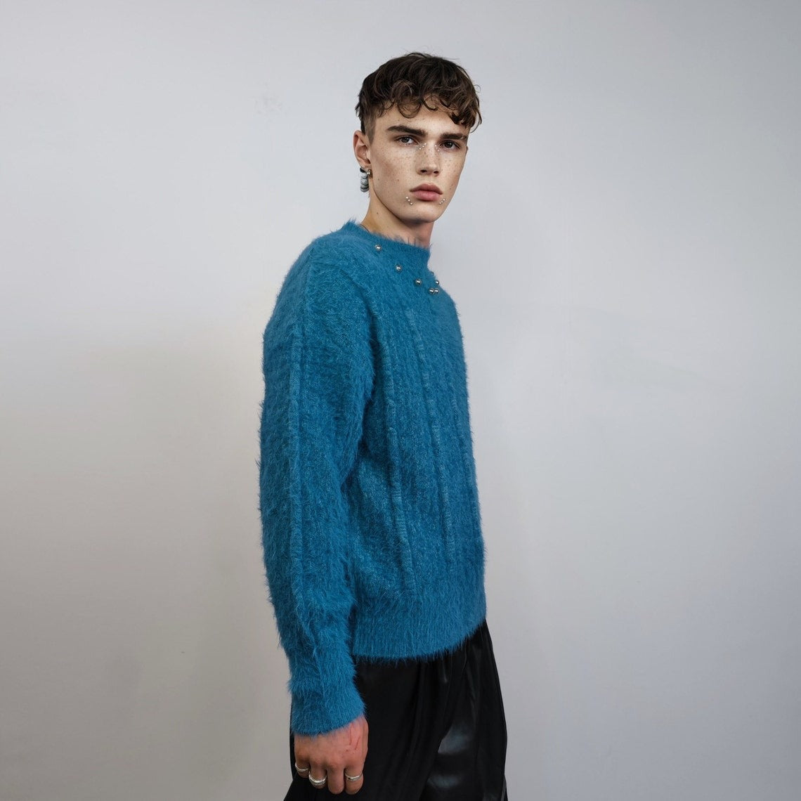 Fluffy blue sweater embellished luxury jumper long hair studded pullover going out top party sweat fancy dress knitted wedding blouse