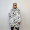 Mid length faux fur jacket fluffy spot print bomber festival leopard varsity aviator fleece coat high fashion cheetah duffle coat off white