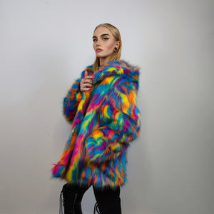 Hooded faux fur psychedelic jacket 70s bomber neon raver coat fluffy tie-dye fleece festival trench burning man going out overcoat blue pink