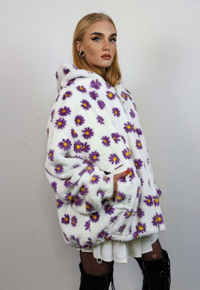 Floral fleece jacket daisy print fluffy bomber hooded coat