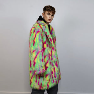 Psychedelic faux fur longline coat shaggy trench bright raver bomber fluffy winter fleece festival jacket neon burning man coat green pink