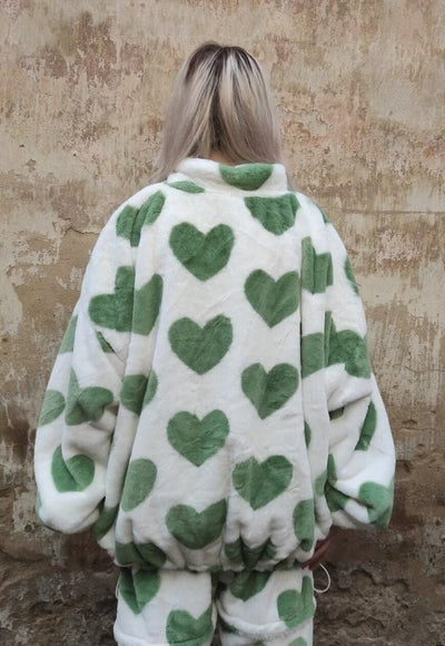 Heart fleece bomber handmade fluffy love jacket green cream