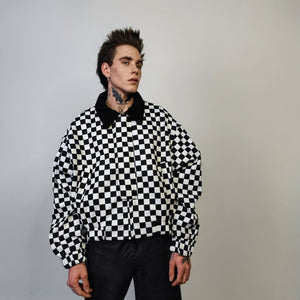 Check print bomber jacket Chequerboard varsity SKA aviator chess pattern coat in black and white