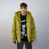 Checked faux fur hooded jacket geometric bomber bright raver coat fluffy winter fleece festival puffer neon burning man hoodie in yellow