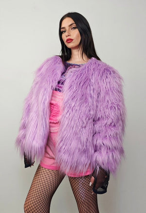 Shaggy fur coat purple collarless cropped festival trench