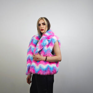 Rainbow faux fur coat crop striped trench festival zigzag jacket furry overcoat carnival bomber party peacoat psycho wide rave fleece pink