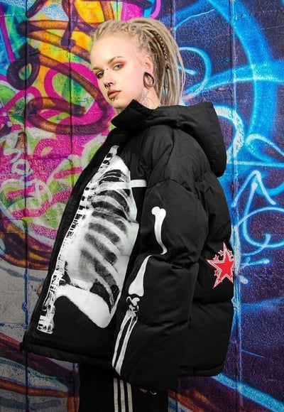 Skeleton puffer split color bomber jacket grunge varsity red