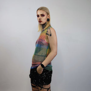 Sparkly mesh top Rainbow vest embellished Gay sleeveless t-shirt rave rhinestone tank transparent LGBT see-through blouse carnival crochet